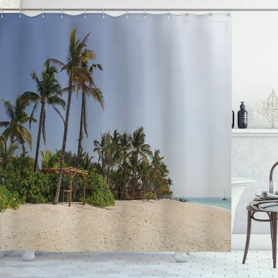 Ambesonne Palm Shower Curtain, Beach Zanzibar Tropical Coast, 69"Wx84"L, Blue Grey and Green Brown