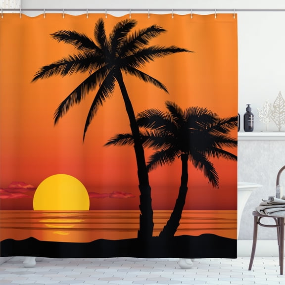 Ambesonne Palm Shower Curtain, Orange Ombre Sunset and Trees, 69"Wx84"L, Multicolor