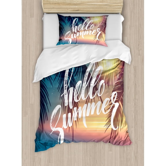 Ambesonne Palm Tree Duvet Cover Sets, Tropic Paradise Beach, 2-Twin, Blue and Orange