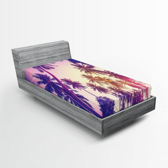 Ambesonne Palm Tree Fitted Sheet, Tropic Island Sunset, Twin XL Size, Multicolor