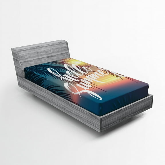 Ambesonne Palm Tree Fitted Sheet, Tropic Paradise Beach, Twin Size, Blue and Orange