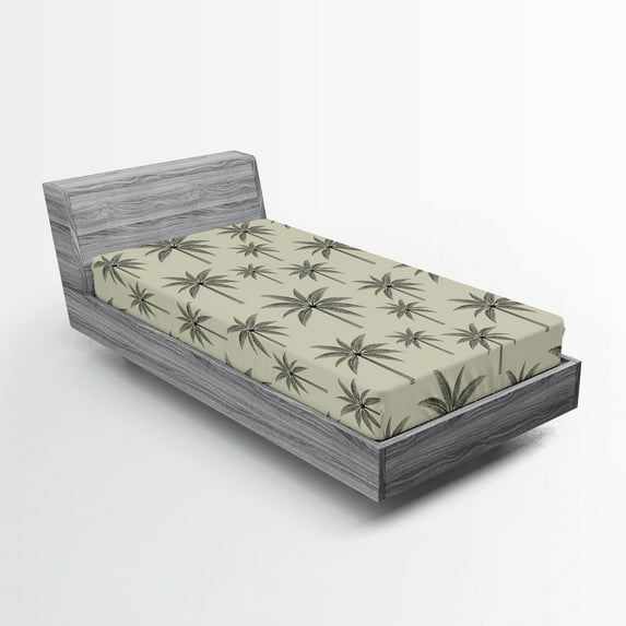 Ambesonne Palm Tree Fitted Sheet, Vintage Tropical, Twin XL Size, Pale Khaki and Dark Grey