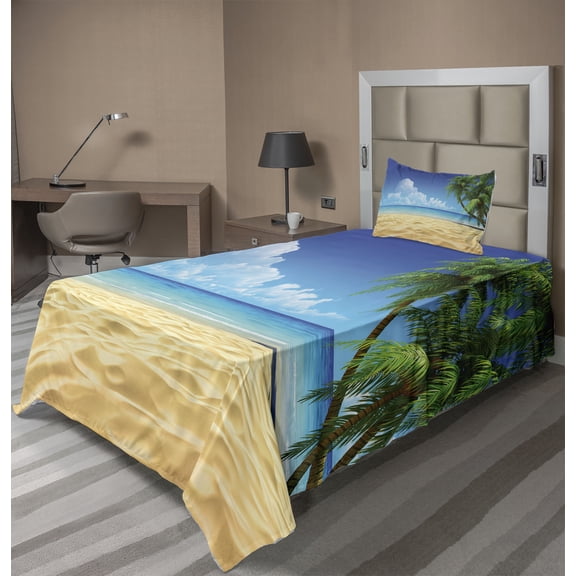 Ambesonne Palm Tree Fitted & Top Sheet Set with Sham, Tropical Leaves Beach, Cream and Navy Green