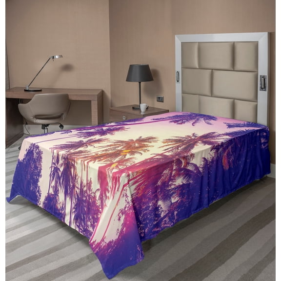 Ambesonne Palm Tree Flat Sheet, Tropic Island Sunset, TwinXL Size, Multicolor