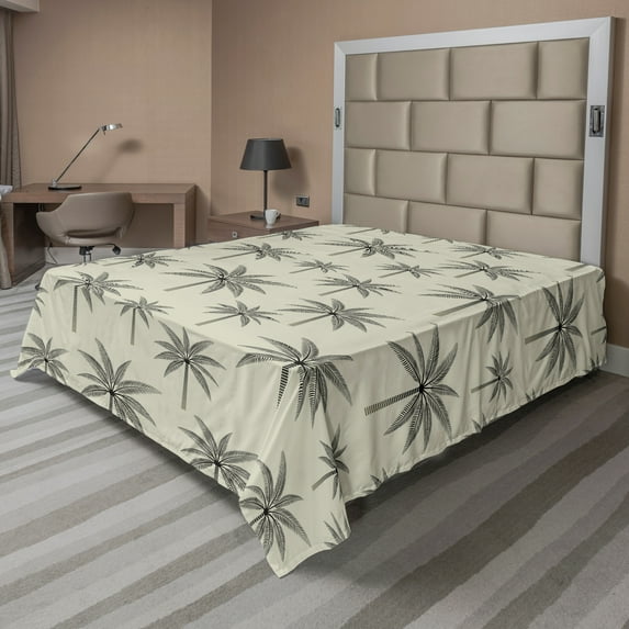 Ambesonne Palm Tree Flat Sheet, Vintage Tropical, King Size, Pale Khaki and Dark Grey