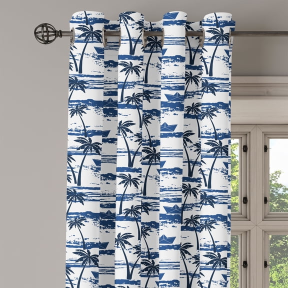 Ambesonne Palm Tree Grommet Curtain Single Panel, Paper Boats on Waves, 50"x60", Blue Dark Blue White
