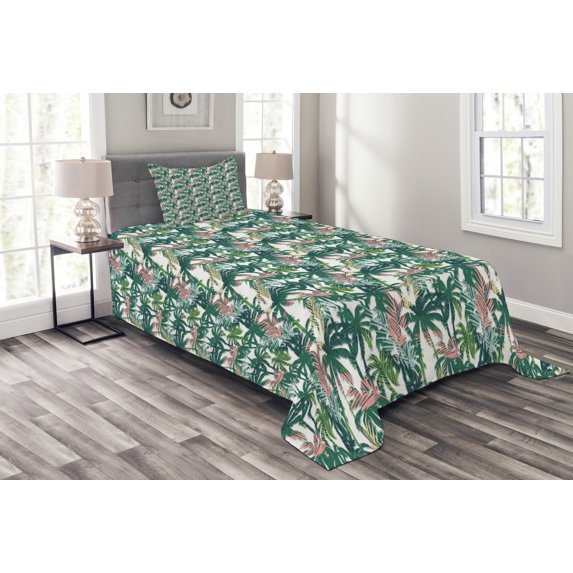 Ambesonne Palm Tree Quilted Bedspread Set 2 Pcs, Dreamy Jungle Foliage, Twin Size, Multicolor