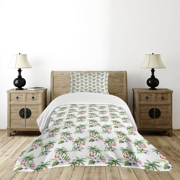 Ambesonne Palm Tree Quilted Bedspread Set 2 Pcs, Flamingo Hibiscus Art, Twin Size, Multicolor