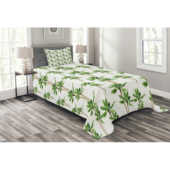 Ambesonne Palm Tree Quilted Bedspread Set 2 Pcs, Forest in Watercolors, Twin Size, Green Cocoa and White