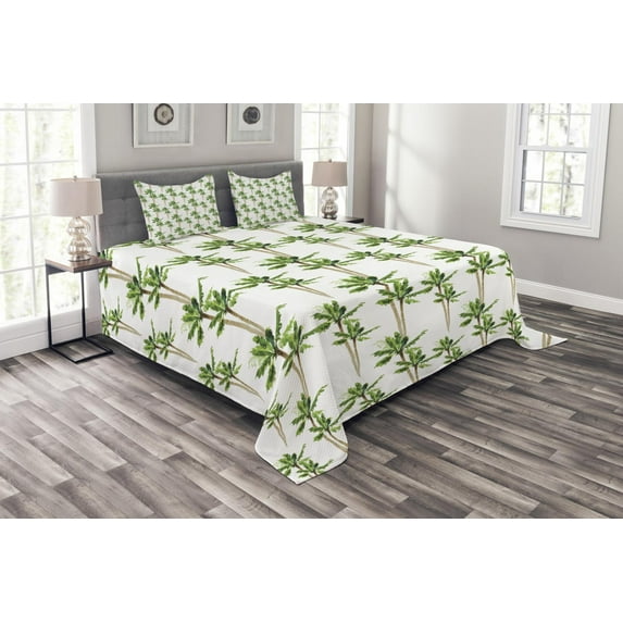 Ambesonne Palm Tree Quilted Bedspread Set 3 Pcs, Forest in Watercolors, Queen Size, Green Cocoa and White