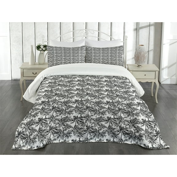 Ambesonne Palm Tree Quilted Bedspread Set 3 Pcs, Monochrome Woodland, King Size, Black White