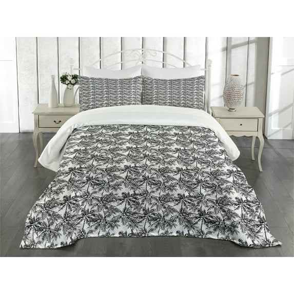 Ambesonne Palm Tree Quilted Bedspread Set 3 Pcs, Monochrome Woodland, Queen Size, Black White