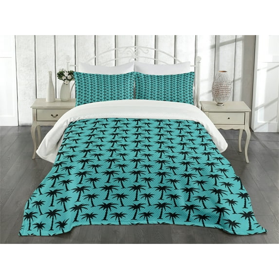 Ambesonne Palm Tree Quilted Bedspread Set 3 Pcs, Silhouettes on Blue, Queen Size, Turquoise Black