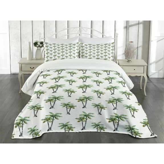 Ambesonne Palm Tree Quilted Bedspread Set 3 Pcs, Watercolor Trees Art, Queen Size, Grey Green White