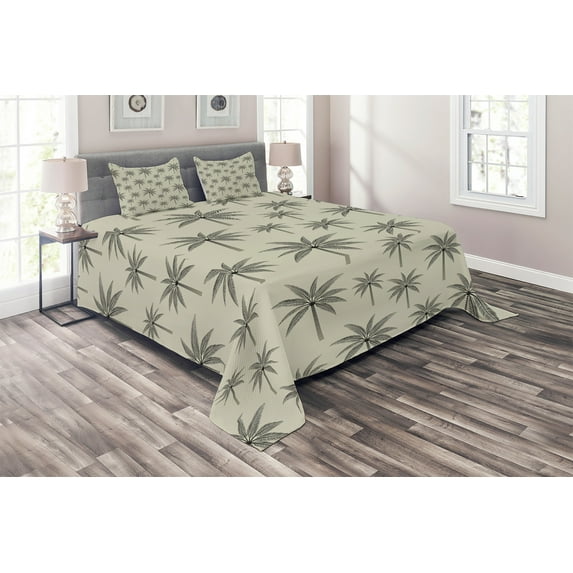 Ambesonne Palm Tree Quilted Coverlet 3 Pcs, Vintage Tropical, Queen Size, Pale Khaki and Dark Grey