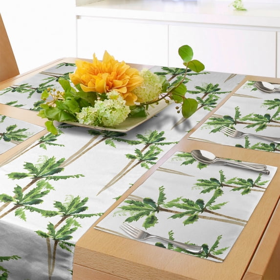 Ambesonne Palm Tree Table Runner & Placemats, Forest in Watercolors, Placemat 4 pcs + Runner 14"x72", Green Cocoa and White