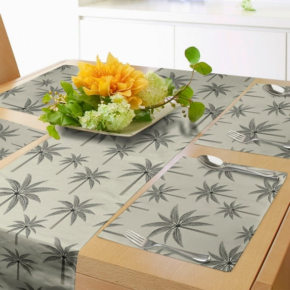 Ambesonne Palm Tree Table Runner & Placemats, Vintage Tropical, Placemat 4 pcs + Runner 16"x72", Pale Khaki and Dark Grey