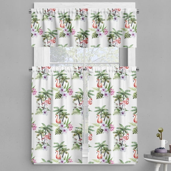 Ambesonne Palm Tree Valance & Curtain, Flamingo Hibiscus Art, 55"x36", Multicolor