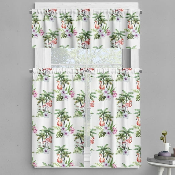 Ambesonne Palm Tree Valance & Curtain, Flamingo Hibiscus Art, 55"x45", Multicolor