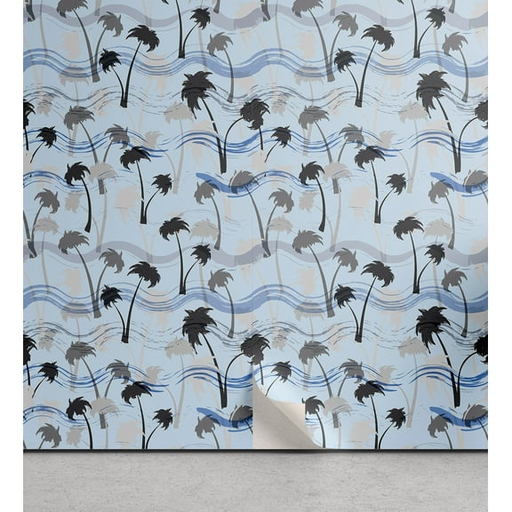 Ambesonne Palm Trees Peel & Stick Wallpaper for Home, Aloha Vibes Tropical, 13"x72", Pale Blue Charcoal Grey