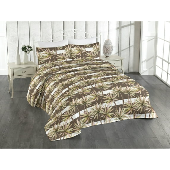 Ambesonne Palm Trees Quilted Bedspread Set 3 Pcs, Neutral Exotic Woods Art, King, Pale Olive Green Umber