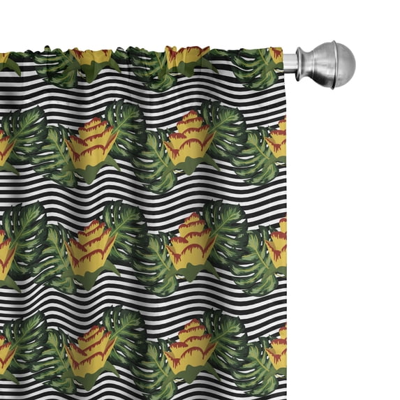 Ambesonne Palms Curtains, Exotic Flowers on Stripes, Pair of 28"x84", Emerald and Earth Yellow