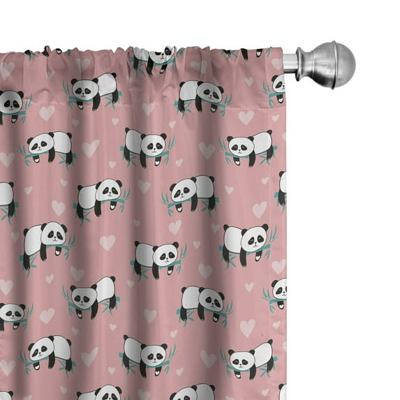 Ambesonne Panda 4-Panel Curtains, Monochrome Bears and Hearts, 56"x84", Pink and Dark Seafoam