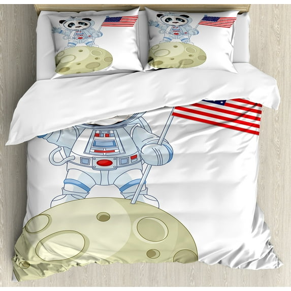 Ambesonne Panda Duvet Cover Set, Astronaut on Moon Cartoon, King, Red Navy White
