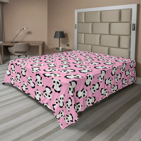 Ambesonne Panda Flat Sheet, Waving Greeting Animal, California King, Pale Pink Charcoal Grey