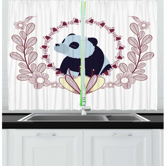 Ambesonne Panda Kitchen Curtains, Fluffy Mammal and Flowers, 55"x45", Ruby Pale Blue