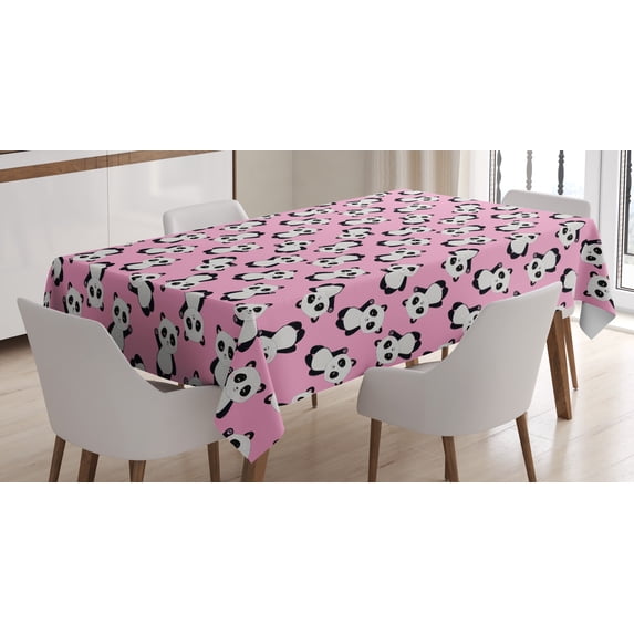 Ambesonne Panda Tablecloth Rectangular Table Cover, Waving Greeting Animal, 52"x70", Pale Pink Charcoal Grey
