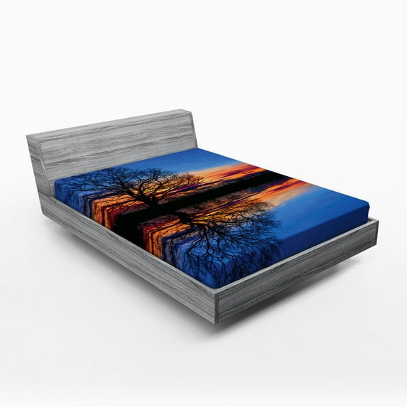 Ambesonne Panorama Fitted Sheet, Night Scenery, Full Size, Blue Orange