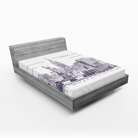 Ambesonne Panorama Fitted Sheet, Sketchy NYC Island, Full Size, Purple White