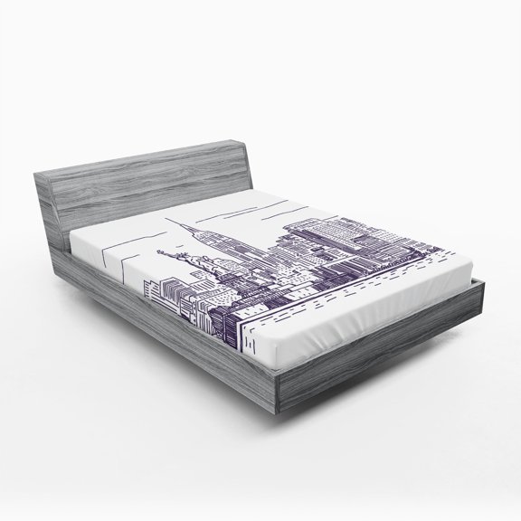 Ambesonne Panorama Fitted Sheet, Sketchy NYC Island, Queen Size, Purple White