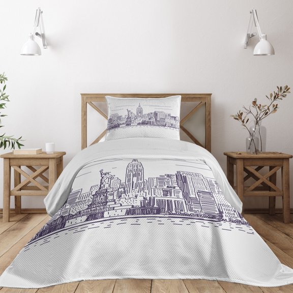 Ambesonne Panorama Quilted Coverlet 2 Pcs, Sketchy NYC Island, Twin Size, Purple White
