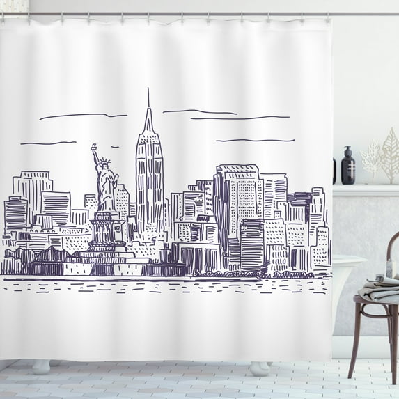 Ambesonne Panorama Shower Curtain, Sketchy NYC Island, 69"Wx70"L, Purple White