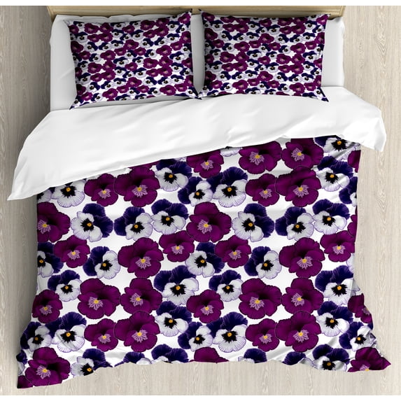 Ambesonne Pansy Duvet Cover Set, Spring Purple Blossoms Art, 2-Calking, Multicolor and White