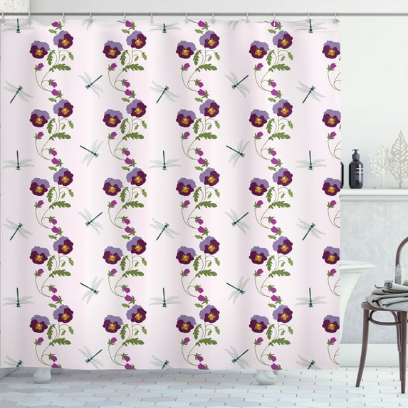 Ambesonne Pansy Shower Curtain, Vertical Dragonflies Flowers, 69"Wx75"L, Pale Mauve Purple Green