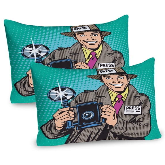 Ambesonne Paparazzi Pillow Sham 2 Pack, Press Reporter Pop Art, 36"x20", Sea Green and Warm Taupe