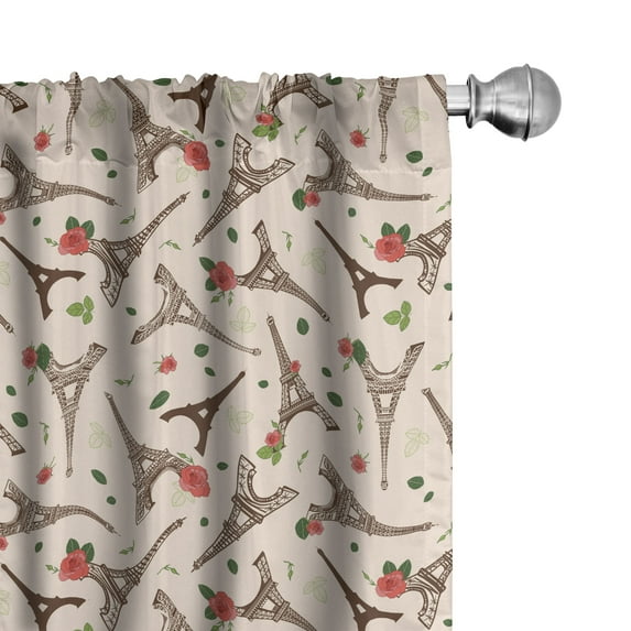 Ambesonne Paris 4-Panel Curtains, Eiffel Towers Roses Leaves, 56"x63", Blush Dark Rosewood