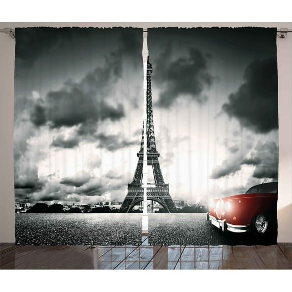 Ambesonne Paris Curtains 2 Panel Set, Eiffel Tower Cloudy Day, 108" x 84", Red Grey