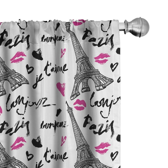 Ambesonne Paris Curtains, Pink Kiss Eiffel Love, Pair of 28"x84", White Black Pink