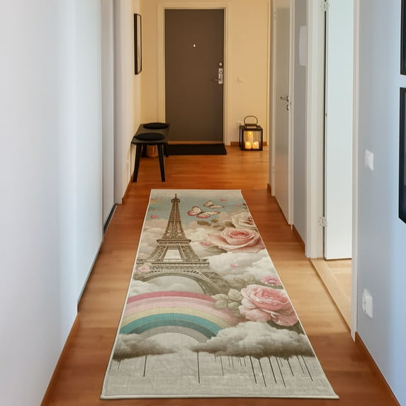 Ambesonne Paris Decorative Rug Carpet, Cloudy Sky Roses Eiffel Tower, 2' 5" x 7' 5", Dark Mustard Multicolor