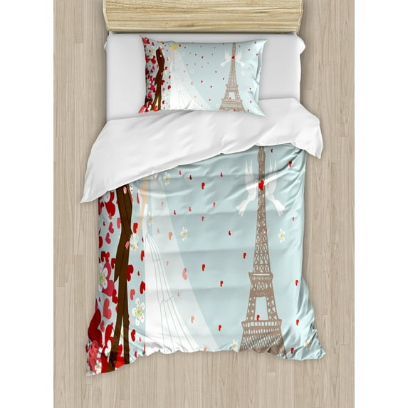 Ambesonne Paris Duvet Cover Sets, French Couple and Hearts, 2-Twin, Blue Red White