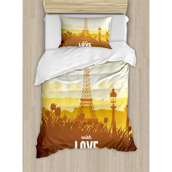 Ambesonne Paris Duvet Cover Sets, Tulips Romantic Scene, 2-Twin, Orange Yellow Brown