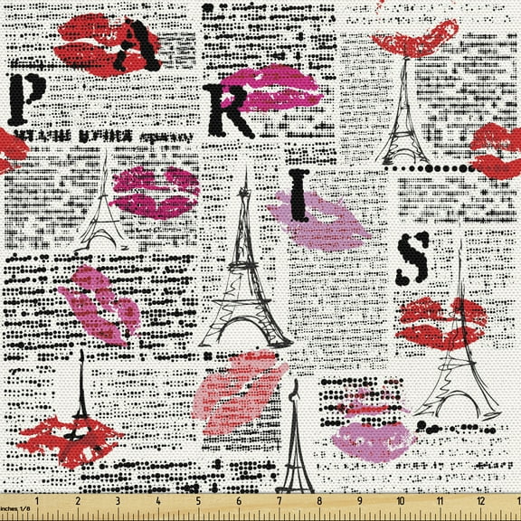 Ambesonne Paris Fabric by the Yard Upholstery, Newspaper Lipstick Kiss, 3 Yards, Charcoal Grey Multicolor