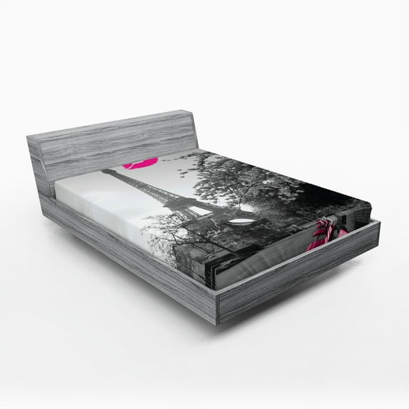 Ambesonne Paris Fitted Sheet 2 Pcs Set, Romantic City and a Kiss, Full, Black White Hot Pink
