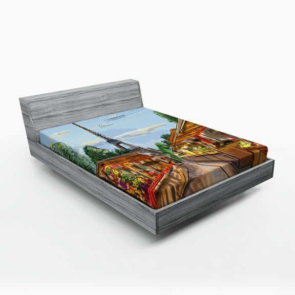 Ambesonne Paris Fitted Sheet, Colorful Sketch Street Eiffel, Queen Size, Amber and Blue