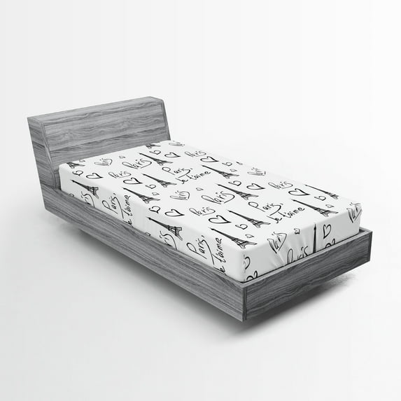 Ambesonne Paris Fitted Sheet, Eiffel Je T'aime Doodle, Twin Size, Black White