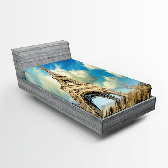 Ambesonne Paris Fitted Sheet, Eiffel Tower Autumn Trees, Twin XL Size, Blue and Beige